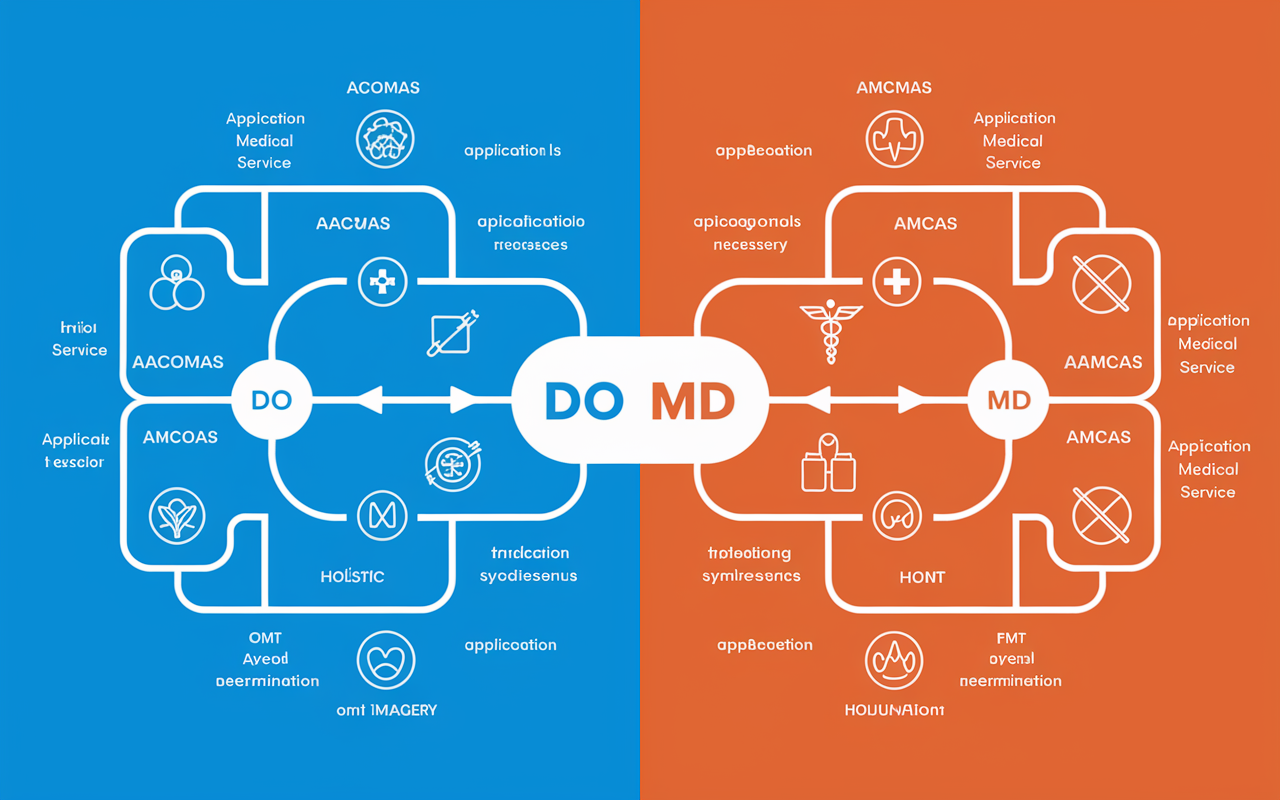 A visual summary of the medical school application process for DO and MD students, illustrated with two distinct pathways. On one side, a pathway labeled 'DO' featuring symbols like the AACOMAS application service, holistic symbols, and OMT imagery. On the other side, 'MD' displays symbols of the AMCAS application service with traditional medical symbols. A bright, inviting flowchart design representing hope and determination for aspiring medical students.