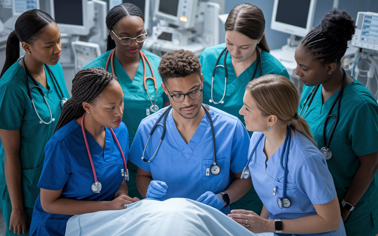 An inspiring scene showing a diverse group of both DO and MD residents in a hospital's residency program. Each resident wears distinctive scrubs while collaborating on a patient case in a high-energy environment. Different medical specialties are represented, reflecting teamwork in providing care. Soft overhead lighting highlights their focused expressions amidst a backdrop of advanced medical equipment, symbolizing unity in diversity in residency training.