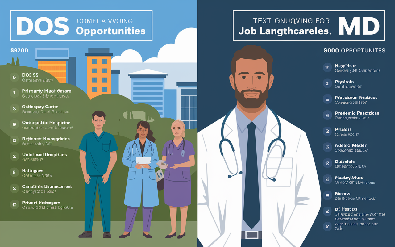 An infographic-style visual comparing job opportunities for DOs and MDs. One side lists various specialties and settings where DOs can be found, such as primary care and osteopathic hospitals, portrayed with warm visuals of community engagement. The other highlights MD opportunities in hospitals, private practices, and academic medicine, with crisp, professional imagery. The overall design reflects the evolving job landscape in healthcare for both types of physicians.