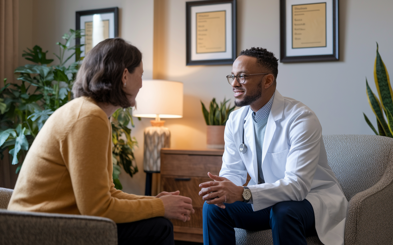 A warm scene depicting a Doctor of Osteopathic Medicine (DO) sitting with a patient in a cozy consultation room, engaging in a deep conversation. The setting includes framed patient appreciation notes on the wall, plants, and a comforting ambiance. The DO displays empathy and active listening, illustrating the emphasis on patient relationships and comprehensive care, which can help reduce burnout and promote well-being.