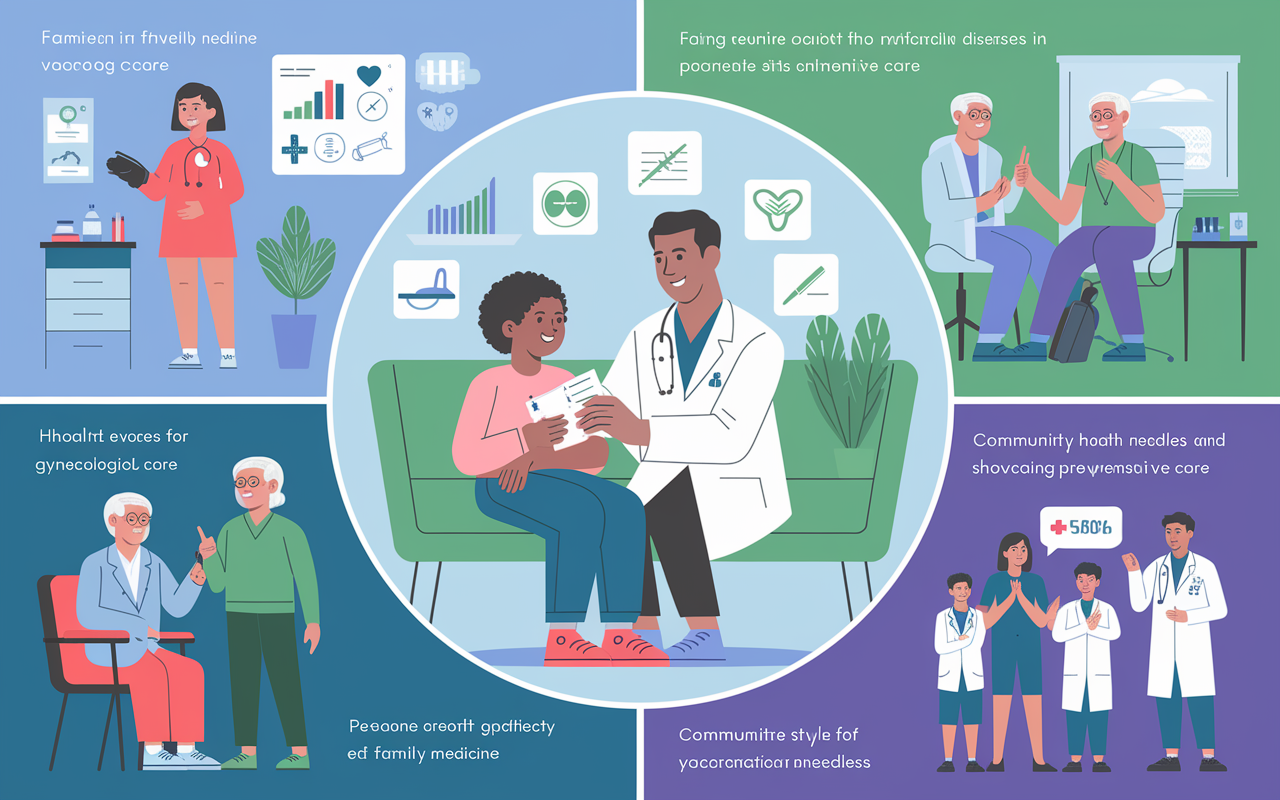 An infographic illustrating the scope of Family Medicine: a family physician in a cozy clinic setting checking a child's vaccination record, while the child smiles. Surrounding scenes show a variety of care: a woman receiving gynecological care, an elderly man being examined for chronic diseases, and a community health event showcasing preventive care, all in a bright, informative style. Each aspect includes visual symbols like health charts, vaccination needles, and caring gestures that reflect the comprehensive nature of family medicine.