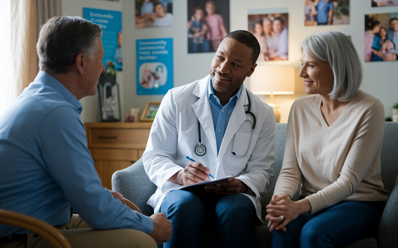 A warm and intimate scene of a family physician seated in a cozy office with a middle-aged couple discussing their health concerns. Family photos and community health posters decorate the background, creating a homely atmosphere. The physician takes notes attentively, showing empathy and understanding while engaging with the couple. Soft, ambient lighting highlights the connection and trust developed over years of care.