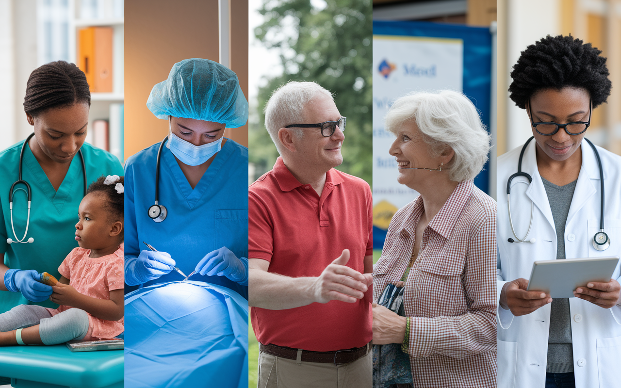 A montage of a family medicine physician performing various tasks across a vibrant community clinic: examining a child for routine care, performing a minor surgical procedure, consulting with an elderly patient, and participating in a local health fair. Each scene showcases the versatility and engaging practice of family medicine reflecting community health offerings. Bright colors and dynamic expressions underline the action-oriented, diverse nature of the specialty.