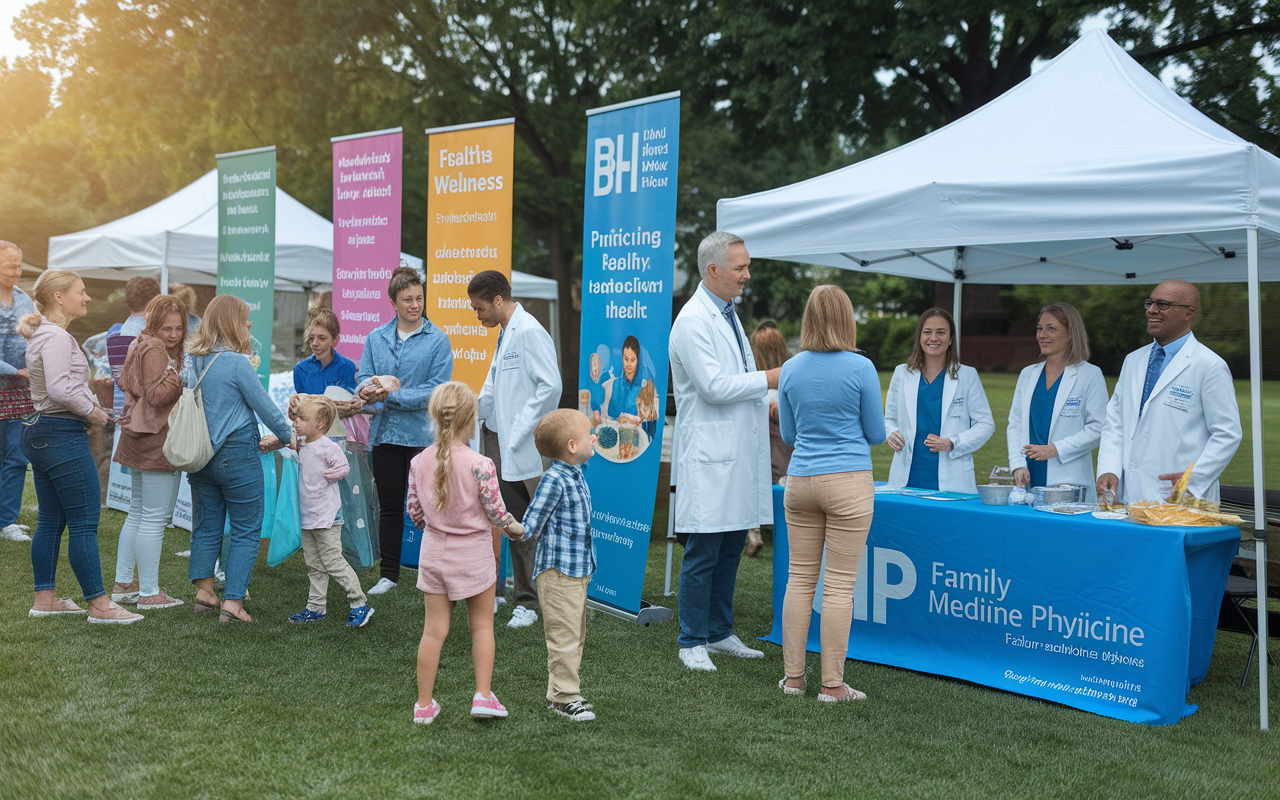 A lively community health fair hosted by family medicine physicians in a park setting. Various booths are set up providing free health screenings, educational materials, and healthy cooking demonstrations. Families of all ages gather around, showing interest and participating. Bright banners promote wellness, and cheerful physicians engage with community members, emphasizing the importance of preventive care and public health awareness. The overall mood is festive and connected.