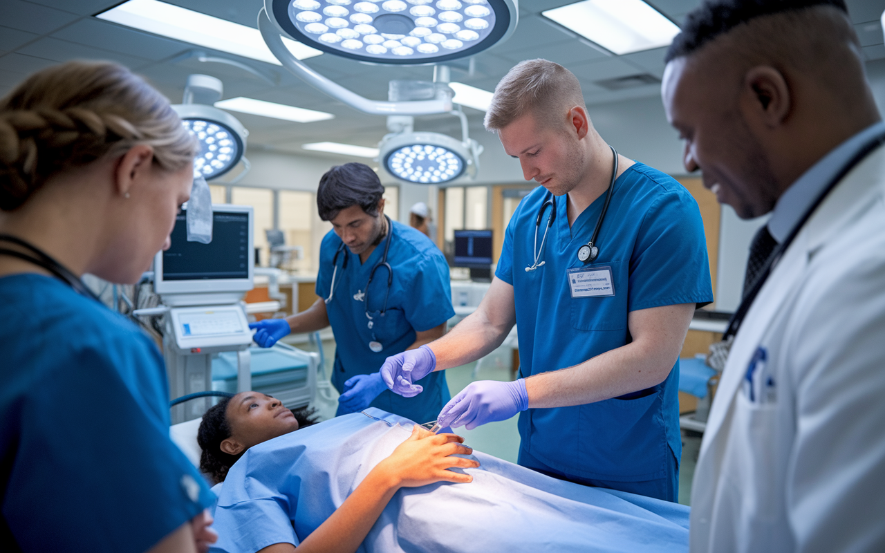 A dedicated family medicine resident in scrubs, actively participating in a training simulation with attending physicians. The scene is in a modern medical training facility, showcasing various high-tech medical equipment. The resident demonstrates a procedure, while peers practice around them, under the guidance of enthusiastic mentors. The well-lit environment radiates a sense of focus, learning, and teamwork, preparing future family physicians for real-world challenges.