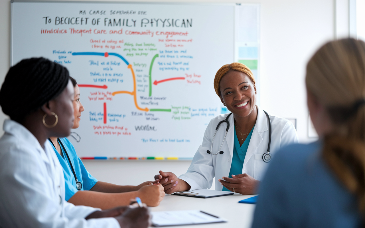 A serene office environment featuring a passionate family medicine physician chatting with aspiring medical students about their career paths. A whiteboard displays the pathway to becoming a family physician, with colorful markers and illustrations. The setting is bright and encouraging, promoting discussions on the importance of holistic patient care and community engagement. The image embodies hope and inspiration for the future of healthcare providers.