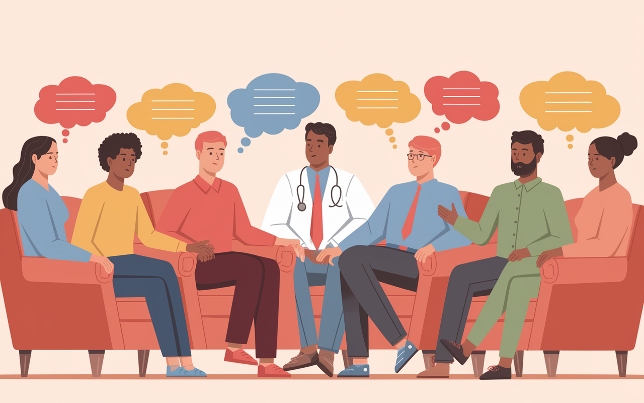 A psychiatrist in a cozy, softly lit consultation room, attentively listening to a diverse group of patients sitting in armchairs. Each patient’s expression reflects their unique emotional state, with visual elements like colorful thought bubbles above their heads, illustrating their struggles and feelings. Focus on warmth, empathy, and the spirit of therapeutic interaction.