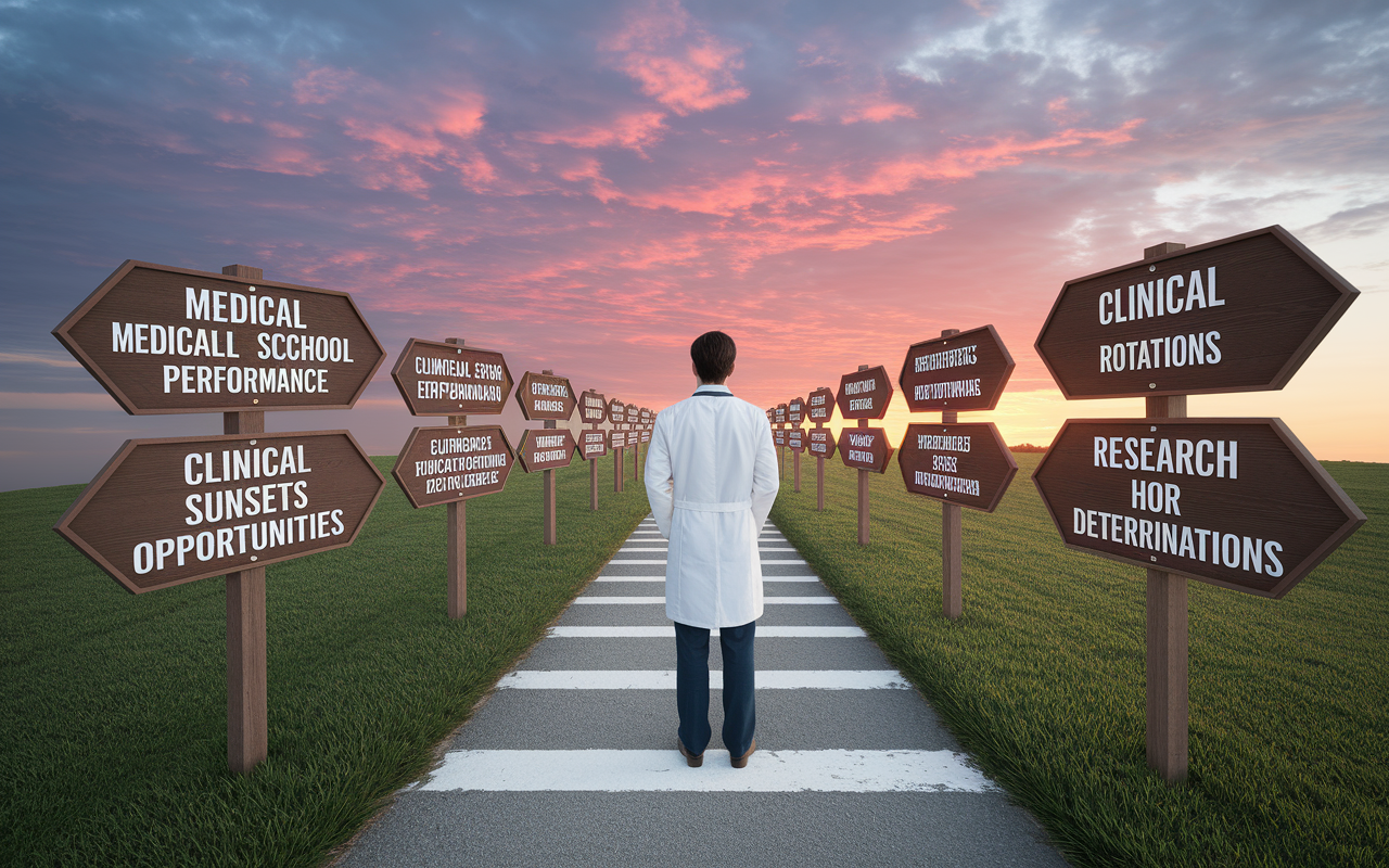 An aspiring psychiatrist in a white coat standing before a symbolic pathway adorned with signs indicating various steps in the residency process. Each step represents medical school performance, clinical rotations, and research opportunities, set against a dramatic sunset backdrop symbolizing hope and determination.