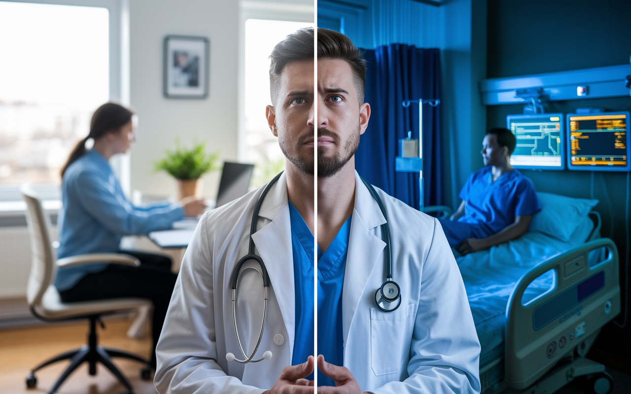 A split-scene image illustrating the contrasting lifestyles of a psychiatrist: on one side, a psychiatrist working in a bright, welcoming private office during the day, engaging in therapy; on the other, the same psychiatrist in a hospital at night, with a concerned expression while on-call, surrounded by medical charts and monitors, highlighting the emotional weight of the job.