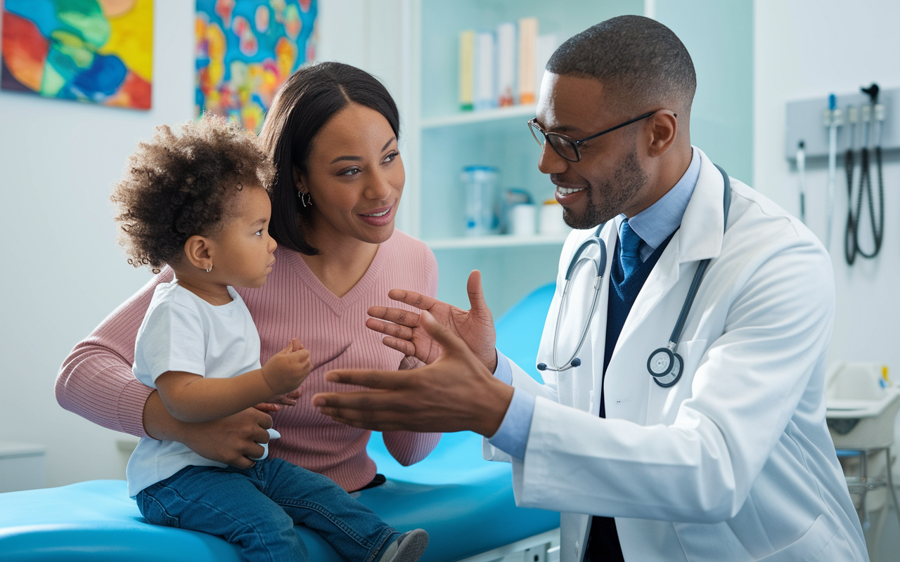 A dynamic scene in a pediatric clinic featuring a pediatrician discussing health care options with a young mother and her toddler. The mother appears attentive and caring, while the pediatrician is engaging and full of professional warmth. The clinic is vibrant, with children's artwork on the walls and medical equipment in the background, soft clinical lighting illuminating the interaction, which conveys a sense of trust and openness.