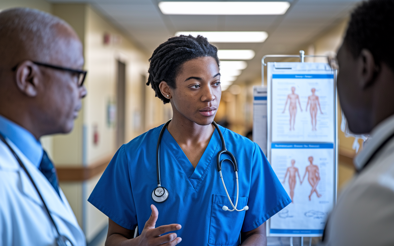 A focused pediatric resident with a stethoscope around their neck, deeply engaged in discussing a case during a morning round with senior physicians in a well-lit hospital corridor. Medical charts and pediatric care visuals are displayed on a nearby wall, and soft artificial lighting creates a productive yet calm atmosphere, reflecting the seriousness of their responsibility.