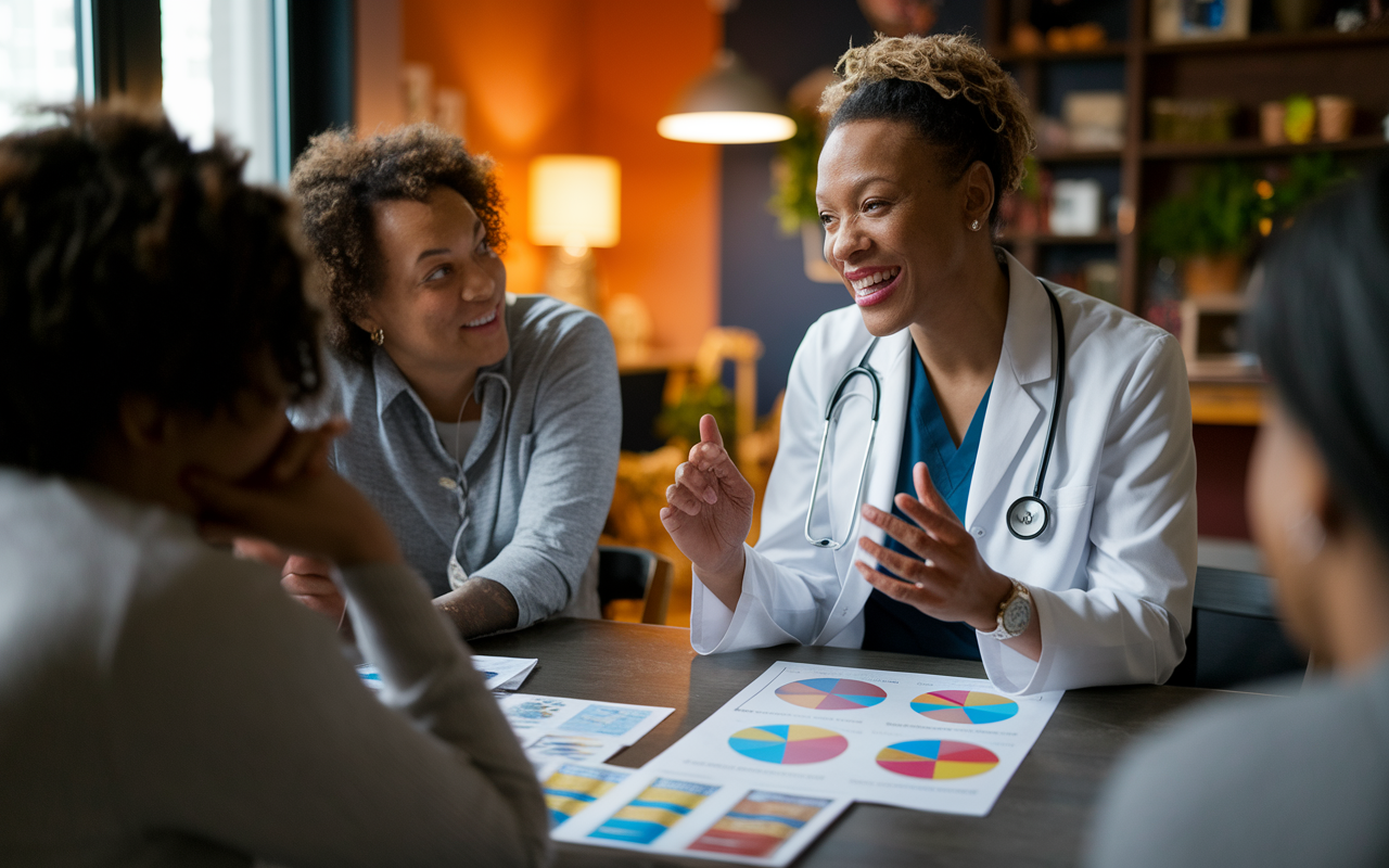 A determined pediatrician in a white coat passionately engaging with a small group of community members in a cozy community center. The pediatrician is animatedly discussing child health initiatives, surrounded by colorful charts and educational materials. The warm lighting creates a welcoming atmosphere, showcasing a commitment to advocacy and community engagement.