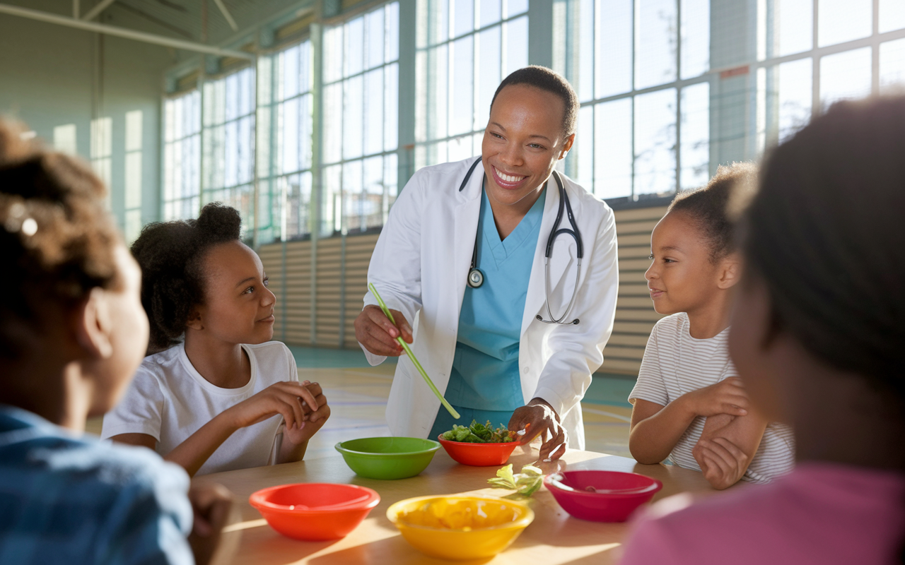 A cheerful pediatrician leading a community health workshop in a local school gym, surrounded by children and their parents. The pediatrician is demonstrating healthy eating habits using colorful props and visual aids. Sunlight streams through large windows, casting a warm glow on the engaged faces, illustrating the importance of education in promoting children’s health and well-being.