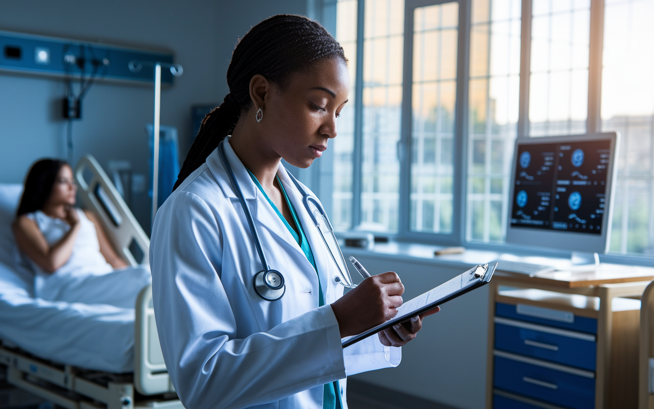 A focused neurology resident in a hospital ward, wearing a white coat and stethoscope, engaged in a patient evaluation. The room is well-lit with natural light filtering through large windows, highlighting a patient sitting on a hospital bed looking thoughtful. The resident takes notes on a clipboard, with a computer screen displaying neurological charts in the background. The atmosphere is professional yet compassionate, embodying the patient-centered nature of medical care.