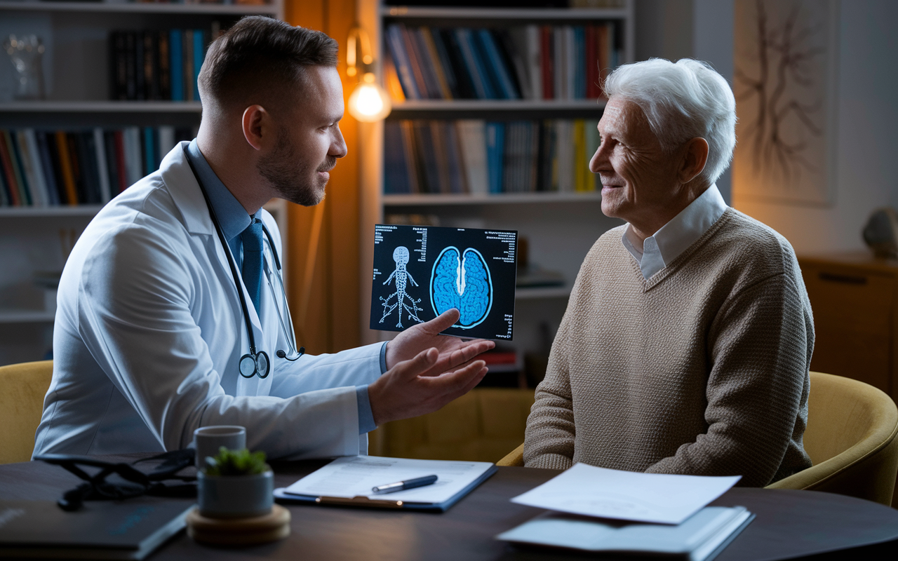 An empathetic neurologist meeting with an elderly patient in a cozy consultation room, filled with medical charts and books on neuroscience. The neurologist is explaining a complex brain scan, using simple diagrams to help the patient understand. The atmosphere is warm, with soft lighting illuminating the space, emphasizing the connection and trust between them. The patient looks engaged and reassured, embodying the essence of compassionate medical care.