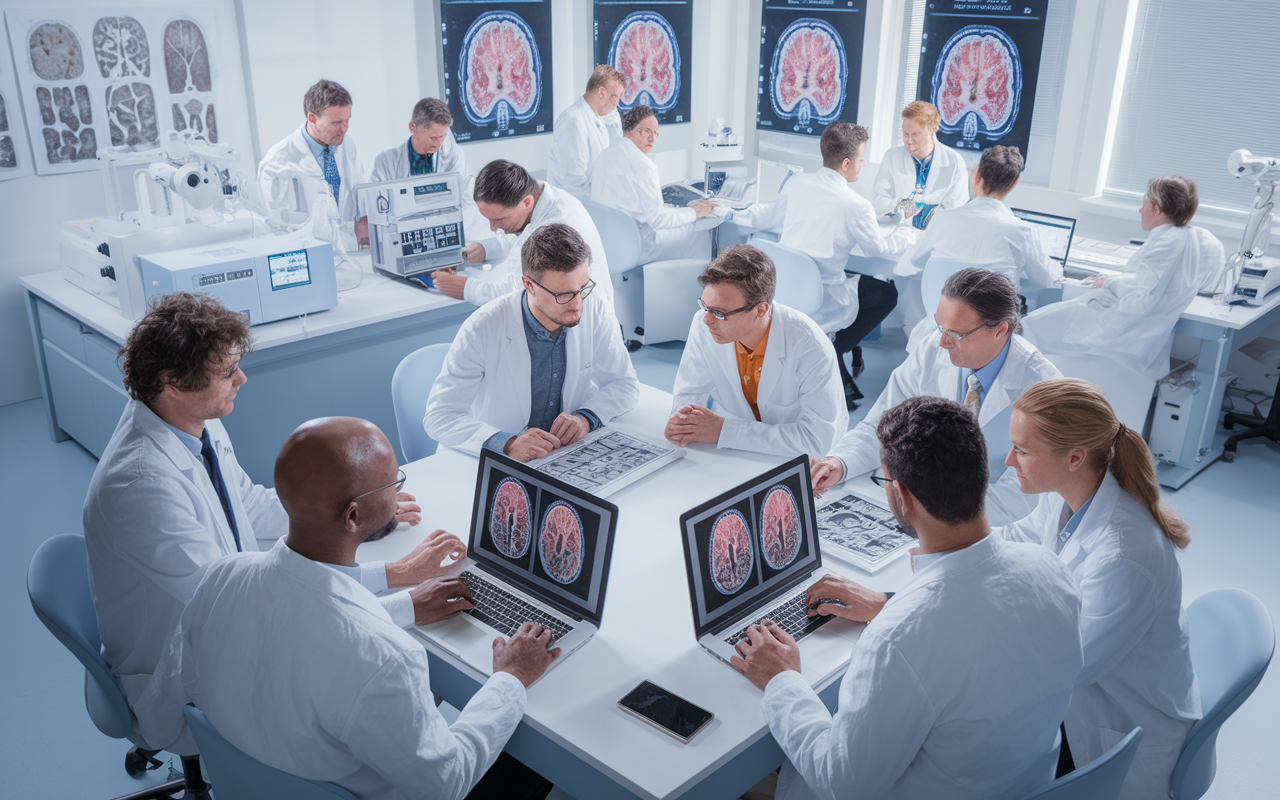 A vibrant scene of medical researchers collaborating in a laboratory filled with advanced neurological research equipment. Diverse researchers are gathered around a table discussing data and reviewing brain scan images on a laptop, showcasing a spirit of innovation and teamwork. The lab is bright and clinical, with charts of neurological conditions displayed prominently on the walls, reflecting the cutting-edge environment of scientific inquiry. A sense of excitement and commitment to advancing medical knowledge permeates the scene.