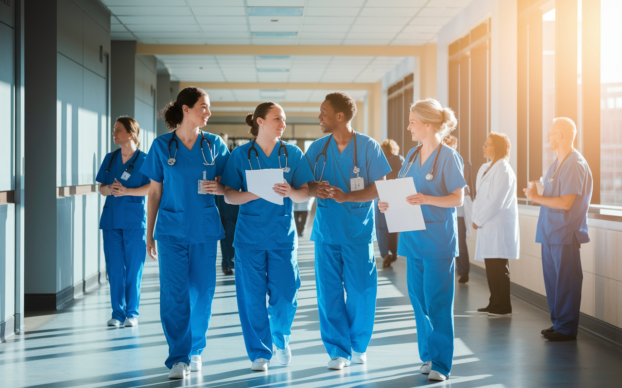 A group of medical professionals, including a family medicine resident in scrubs, gathered in a well-lit hospital corridor around 7:00 AM. They are engaged in animated discussions about patient cases with medical charts in hand, conveying a sense of teamwork and urgency. The corridor is busy with other hospital staff, and sunlight is streaming through large windows, illuminating the scene, creating a lively and professional atmosphere.