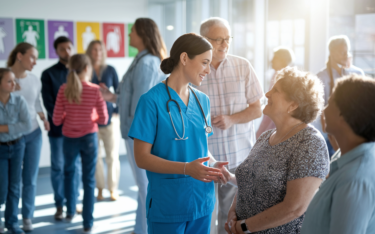 A family medicine resident in scrubs welcomes a diverse group of patients in a bright outpatient clinic. The clinic is bustling with activity, showcasing various demographics, from young children to older adults. The resident is attentively listening to a middle-aged woman sharing her health concerns, demonstrating empathy and professionalism. Colorful medical posters decorate the walls, and sunlight streams through the windows, creating a vibrant and welcoming atmosphere.