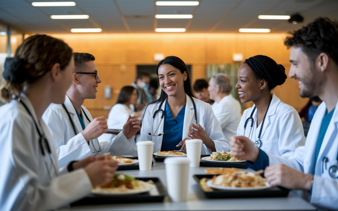 A cozy cafeteria scene where family medicine residents gather around a table, sharing a light meal during their lunch break. They are engaged in animated discussions about medical cases, surrounded by food trays and cups of coffee. Warm artificial lighting creates a friendly atmosphere, emphasizing camaraderie and support among the residents as they bond over their shared experiences.