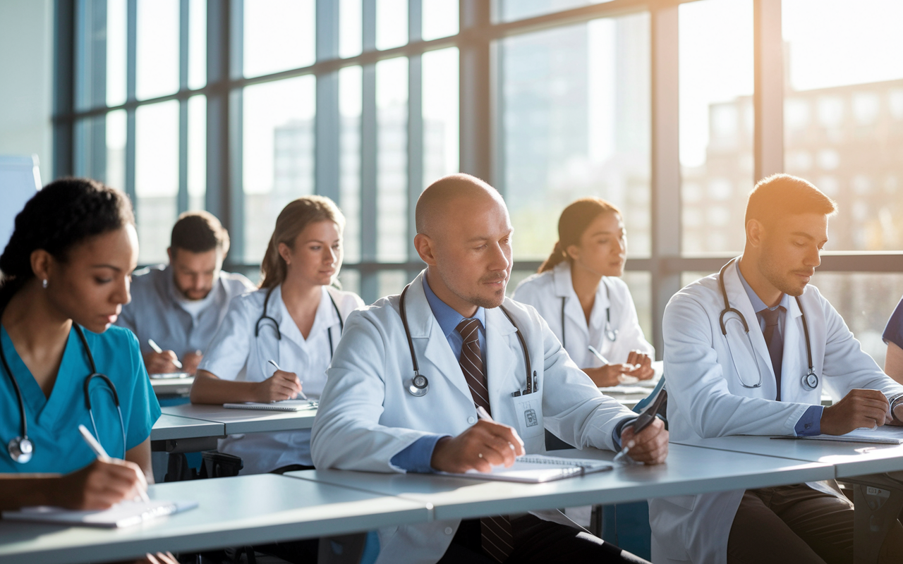 A bright classroom filled with family medicine residents and an attending physician, all focused on a presentation about clinical procedures. The instructor uses visual aids, and residents take notes eagerly. Large windows allow sunlight to flood the room, fostering a dynamic learning environment filled with energy and anticipation for new knowledge.