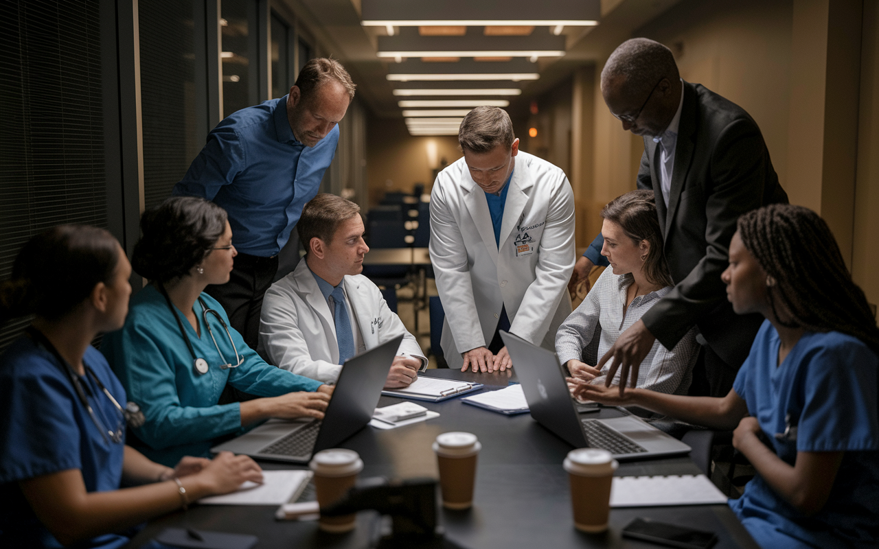 A late evening scene inside a hospital, where a group of family medicine residents and attending physicians are gathered around a conference table, discussing patient care plans. The room is dimly lit, with warm lights creating an intimate and serious atmosphere. Laptops, charts, and coffee cups are scattered on the table, capturing the essence of collaboration and dedication at the end of a long day.