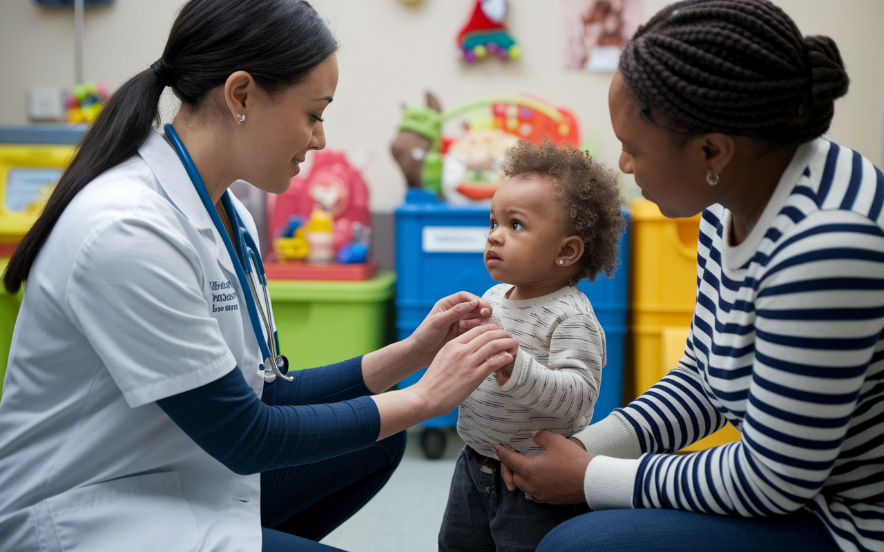 A family medicine resident kneels down to examine a young child in an outpatient clinic, demonstrating compassion and care. The pediatric patient looks curious, while a concerned parent watches attentively. Colorful toys and decorations are visible in the background, creating a warm and friendly environment conducive to child care. The scene captures the gentle interaction and the resident's approach to pediatric medicine.