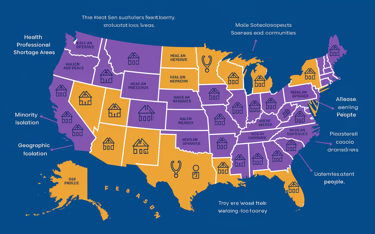 An illustrated infographic representing a map of the USA with highlighted areas indicating underserved communities. Include various icons depicting healthcare shortages, such as stethoscopes for Health Professional Shortage Areas (HPSAs) and symbols for various socioeconomic factors like houses and people, demonstrating geographic isolation and minority demographics. Use a bright and engaging color palette, with arrows and labels pointing to different aspects that make an area underserved.