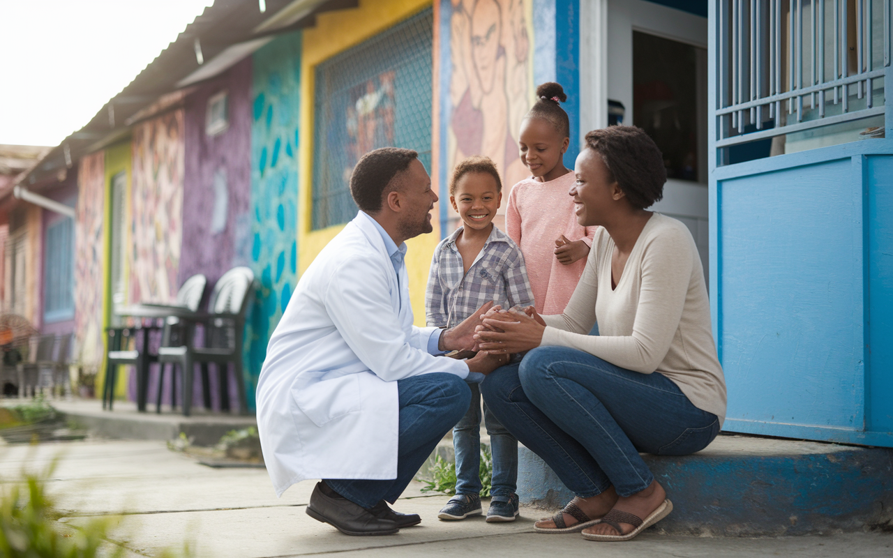 A compassionate scene of a doctor interacting with a family outside a small, modest clinic in an urban underserved area. The family, composed of a mother and two children, is smiling as they discuss health concerns with the physician who is kneeling to their level. The setting captures the essence of community - with colorful murals on clinic walls and neighbors in the background. Use warm, natural lighting to evoke an atmosphere of trust and connection.