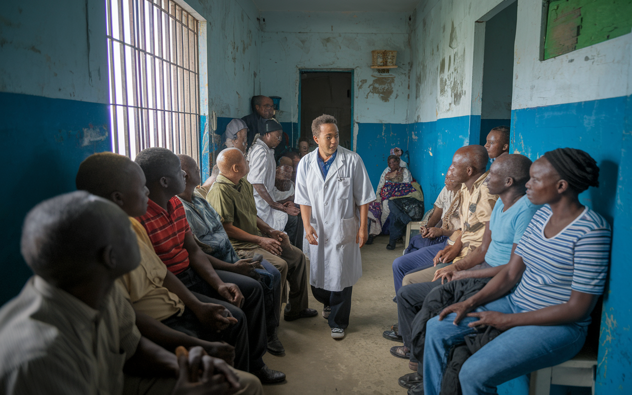 A healthcare provider in a busy, crowded waiting room of a small clinic with a mixture of patients, showcasing the challenges of resource limitations. The provider is attentively speaking with a patient while several others wait, illustrating the high patient-to-provider ratio. The decor is simple and a bit worn, showcasing the clinic's humble means but a strong sense of community. Utilize realistic lighting to evoke a feeling of urgency paired with dedication.