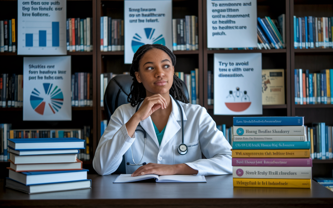 A young medical student in a thoughtful pose, surrounded by books and materials relating to underserved healthcare, sitting at a desk in a cozy library. Various charts and articles on the walls depict statistics on healthcare disparities, along with motivational quotes from healthcare leaders. Soft, ambient lighting creates a warm, inspiring atmosphere for engagement and reflection.