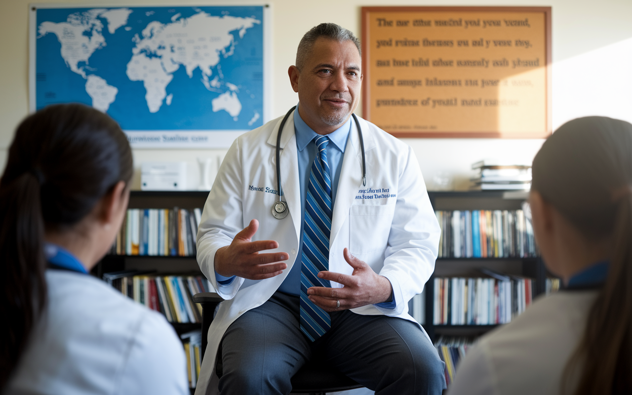 A thoughtful residency director, a middle-aged Hispanic man in a professional office filled with medical books and resources, speaks passionately to a group of medical students. The room features a large map of healthcare statistics on the wall and a bulletin board with inspiring quotes about primary care, creating an atmosphere of mentorship and dedication. Soft afternoon light filters in, emphasizing the importance of education and guidance.