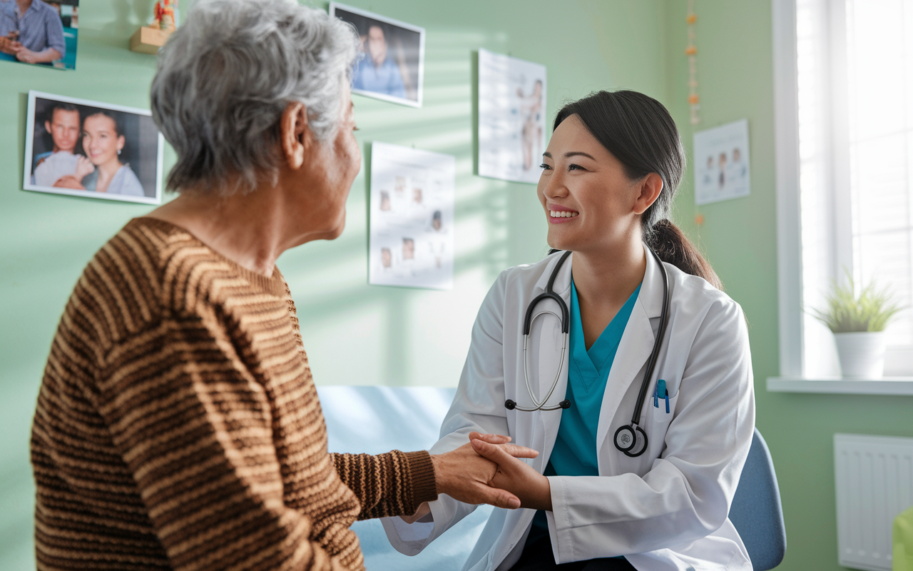 A warm scene in a bright examination room where a primary care physician attentively listens to an elderly patient, showcasing empathy and concern. The walls are painted in soft pastel colors, decorated with family photos and health information leaflets, creating an inviting environment. The doctor, a South Asian woman in her thirties, holds the patient's hand reassuringly, fostering trust. Natural light filters through the window, enhancing the comforting atmosphere.