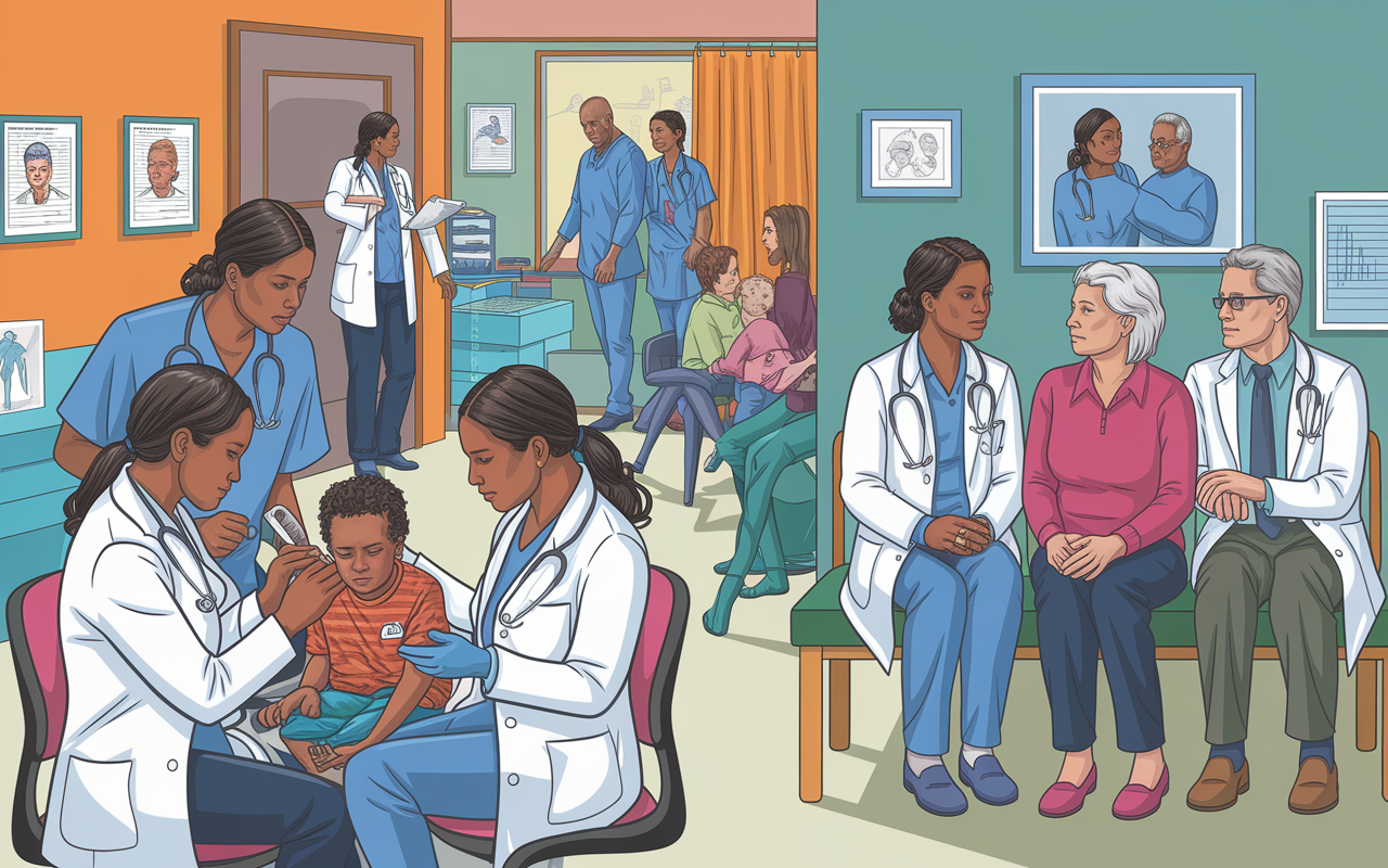 A bustling primary care clinic showcasing a diverse array of patient interactions. In one room, a pediatrician examines a young boy with asthma while a nurse assists, and in another room, an internist discusses end-of-life options with an elderly couple. The environment is filled with medical charts, a colorful waiting room in the background, and healthcare professionals collaborating, creating a sense of dynamic, varied clinical experiences.