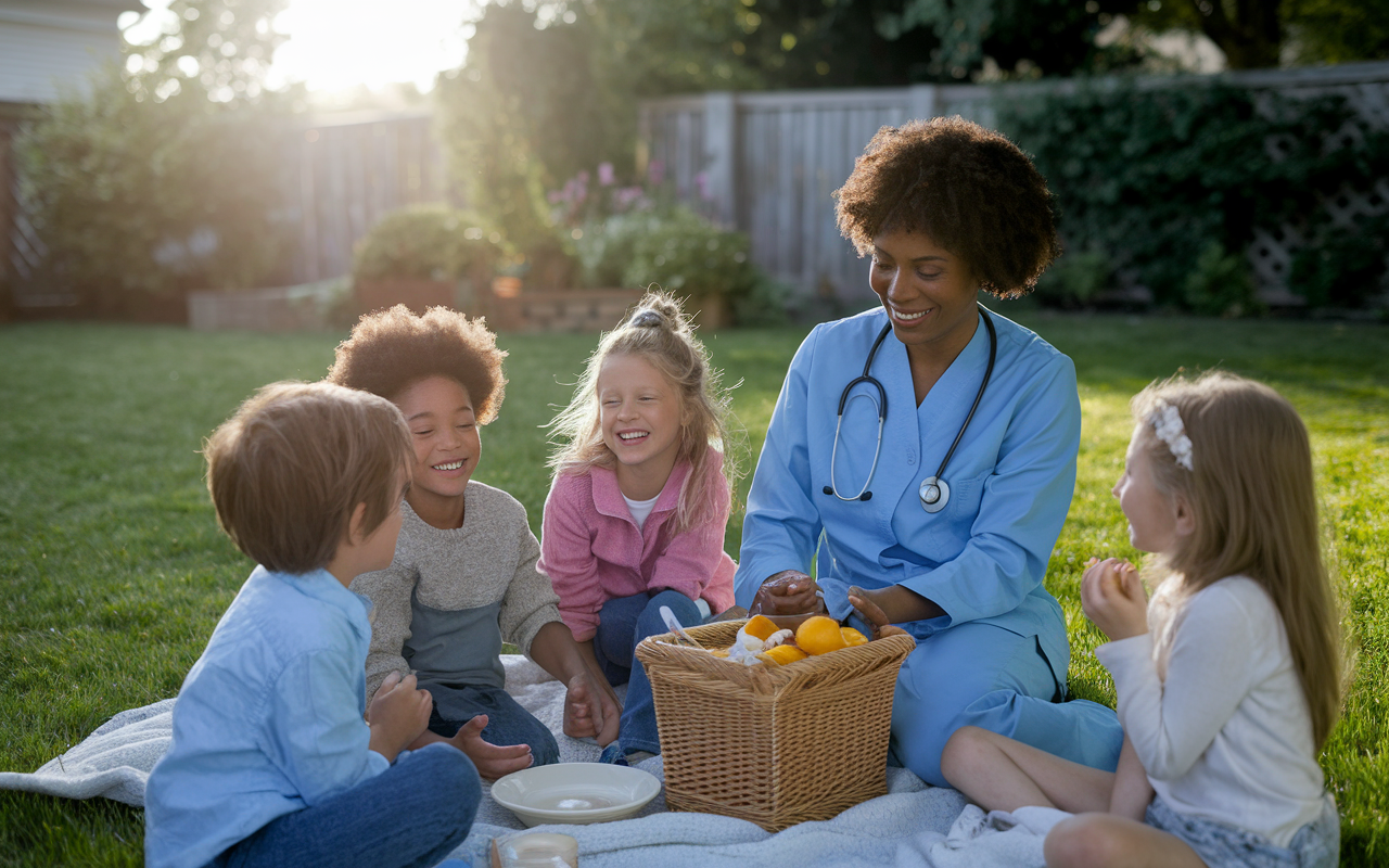 A serene scene depicting a primary care physician relaxing at home in a cozy family setting, surrounded by loved ones. The physician, a Black woman in her mid-thirties, is enjoying a picnic in her backyard with her children, laughter and joy evident. The sun sets in the background, casting a golden hue over the scene, symbolizing balance and fulfillment in both personal and professional life.