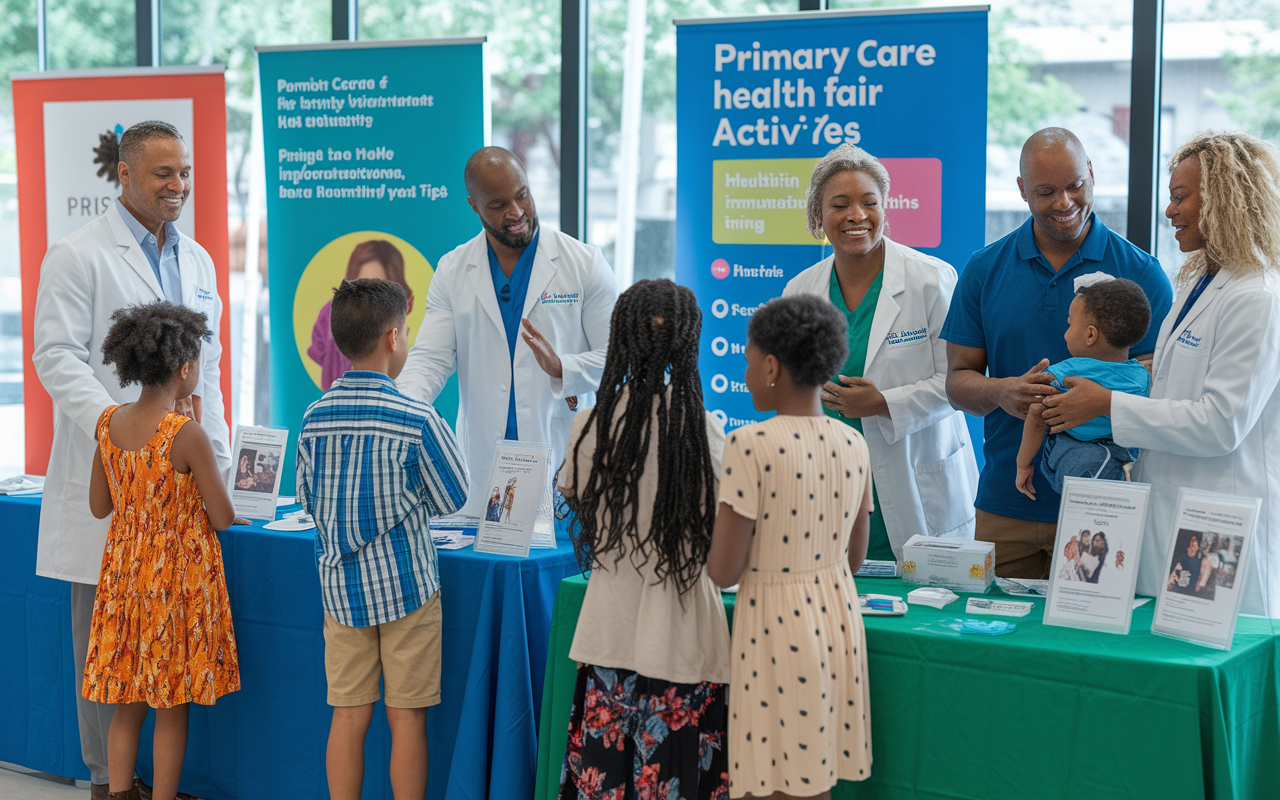 A vibrant community health fair led by primary care physicians, with diverse families engaging in health education activities. The scene includes various booths promoting wellness, immunizations, and healthy living tips, with physicians interacting with community members. Bright banners and colorful informational materials create an inviting atmosphere, highlighting the proactive role of primary care in community health improvement.