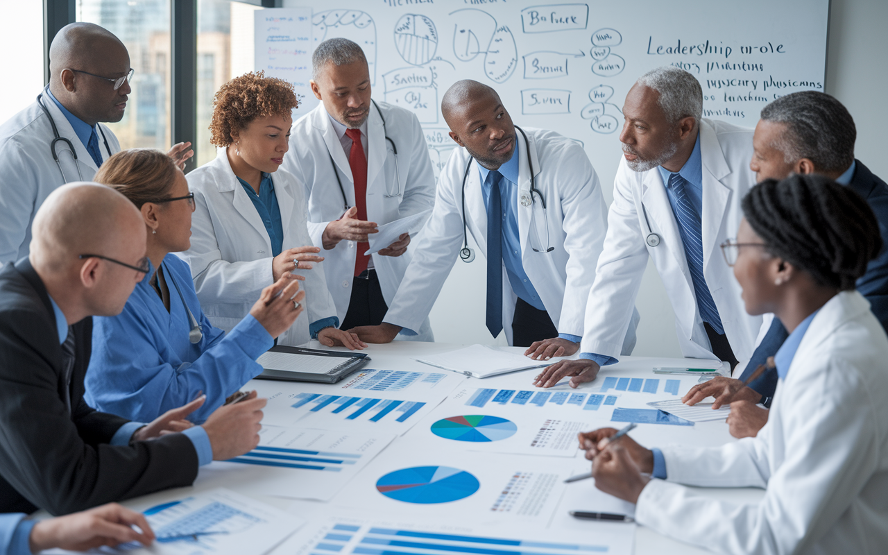 A group of primary care physicians passionately discussing healthcare policy changes in a conference room filled with charts and healthcare statistics. The diverse group actively engages in a brainstorming session, with a large whiteboard filled with ideas and plans. The environment is dynamic and collaborative, showcasing the leadership role of primary care physicians in advocating for positive change.