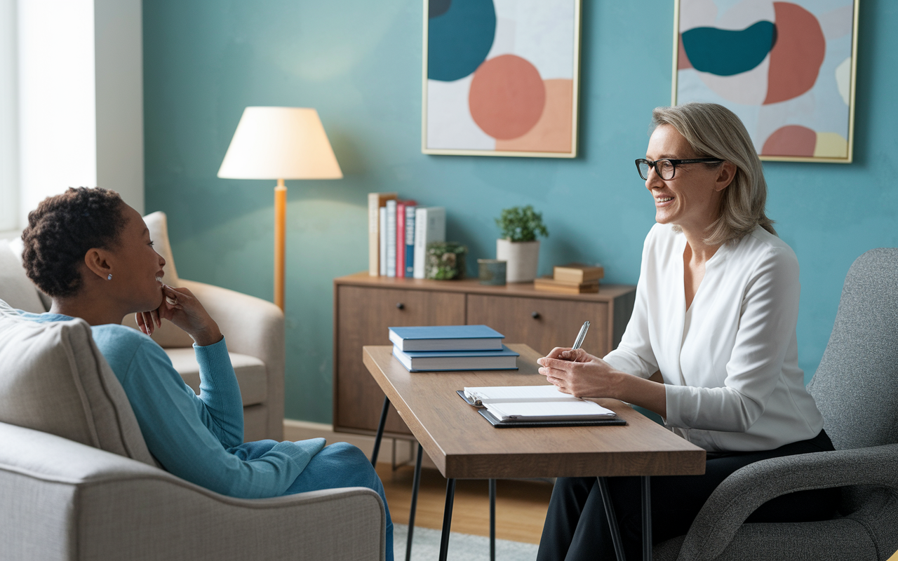 A psychiatrist's office showcasing a warm, inviting atmosphere with calming colors and soft lighting. A psychiatrist, a middle-aged woman with glasses, is seated in a comfortable chair, actively engaging with a patient who is thoughtfully reclined on a couch. Medical books and a notepad are on a stylish wooden desk, and the room is adorned with abstract art that hints at mental health themes. The scene conveys a sense of trust and understanding.