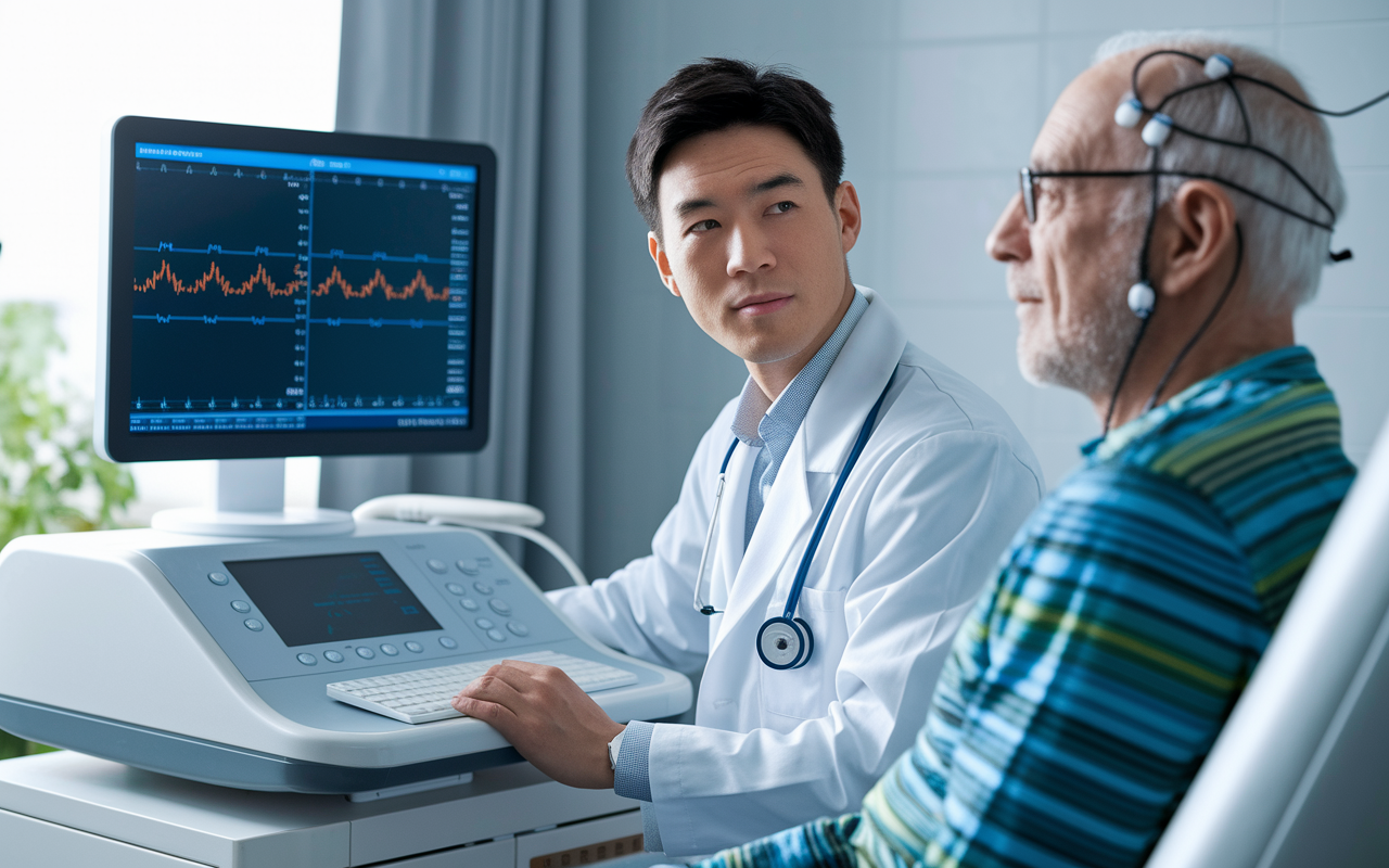 A neurologist's examination room displaying modern medical equipment with a patient undergoing an EEG test. A neurologist, a young Asian man in a white coat, is attentively observing the brainwave patterns on a monitor, while the patient, an elderly man, is comfortably seated with electrodes attached to his head. Soft clinical lighting, neutral colors, and a hint of nature from a window in the background add to the atmosphere of calm professionalism.