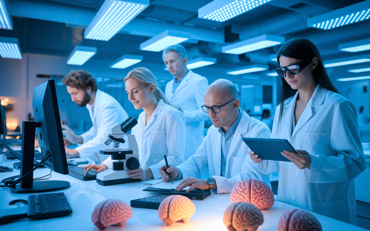 An inspiring research lab where a group of diverse scientists are collaborating on innovative studies related to psychiatry and neurology. A female neuroscientist with a microscope, a male psychiatrist analyzing data on a monitor, and a research assistant reviewing brain scans on a tablet, all working together with enthusiasm. The lab is filled with advanced technology and brain models, bathed in bright, stimulating LED lights that underscore a dynamic and creative research environment.