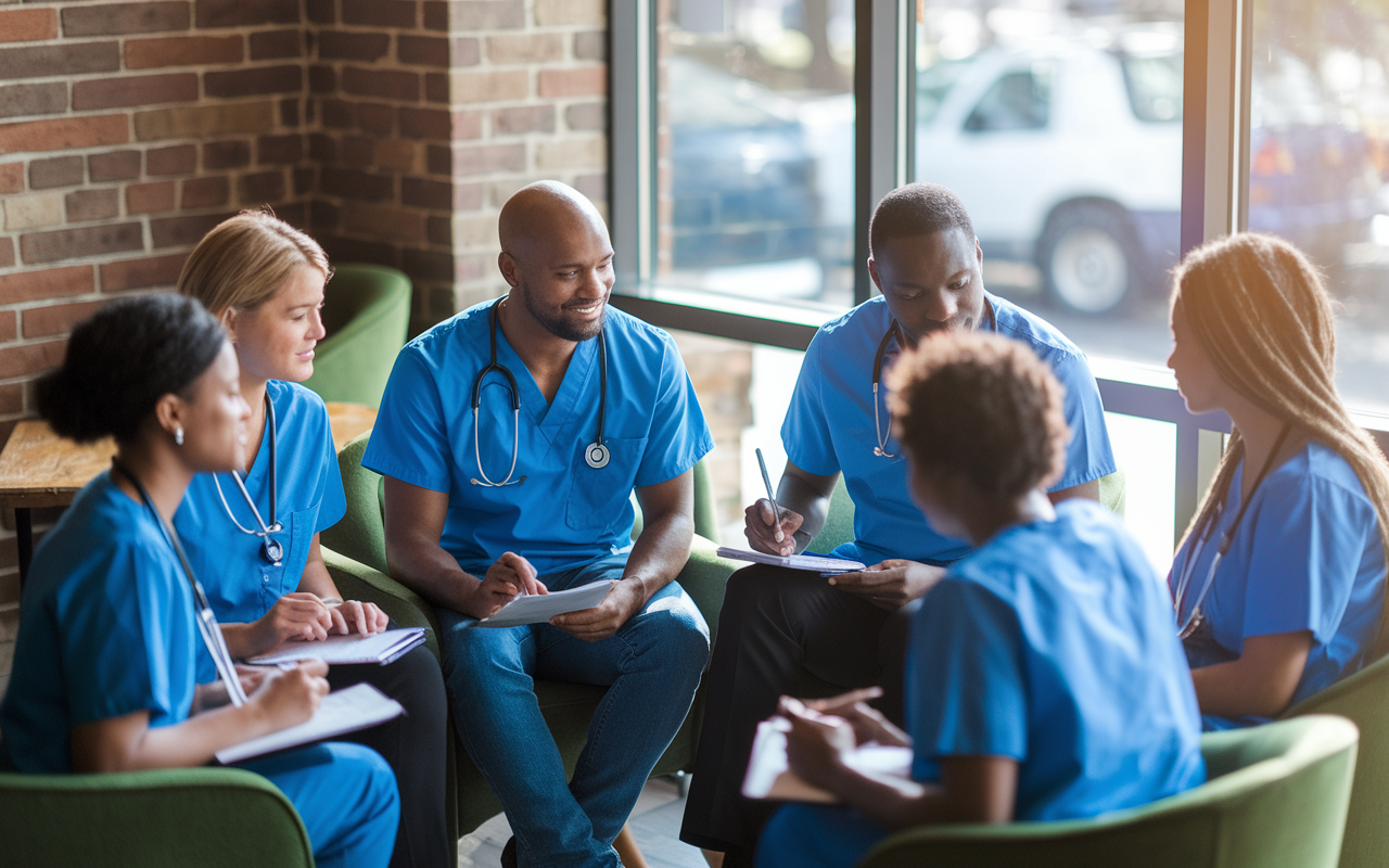 A dual residency support group meeting in a cozy coffee shop. Young, diverse medical professionals are sitting in a circle, discussing their experiences with a sense of camaraderie and support. The atmosphere is warm and inviting, with soft natural light coming in through a large window. Each person is engaging actively, with some taking notes, encouraging a sense of community and shared understanding among the group.