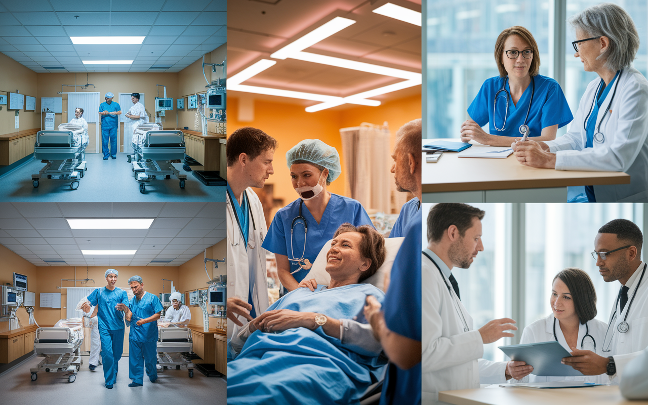 A collage showing a busy hospital environment, emphasizing direct patient care with doctors evaluating patients, nurses managing long shifts, and specialists engaging in complex problem-solving discussions. The lighting reflects a typical hospital day, with bright fluorescent lights and warm tones representing care and urgency.