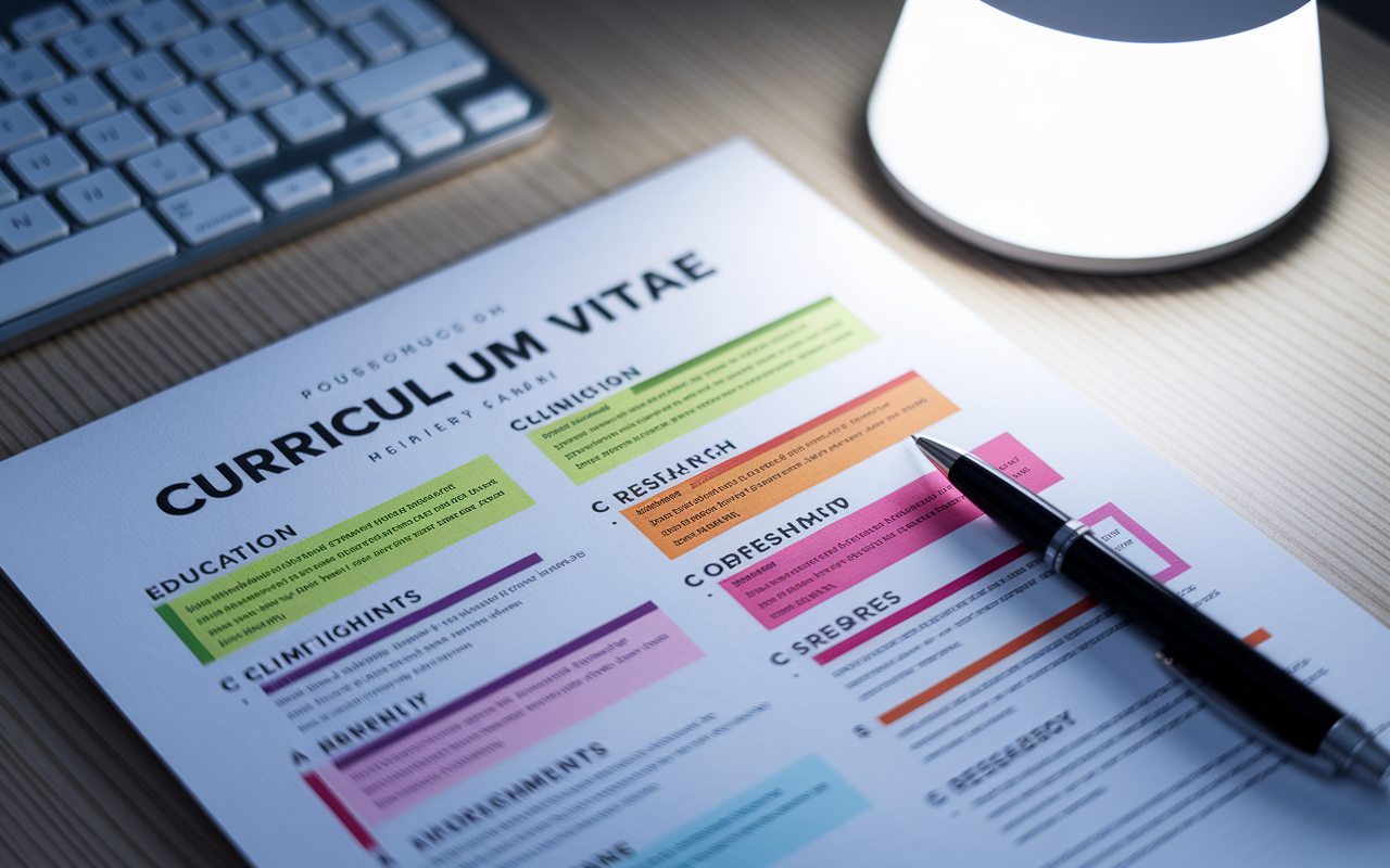 A close-up view of a colorful and well-organized curriculum vitae laid on a wooden desk with a pen and vibrant highlights marking important achievements. The CV showcases education, clinical rotations, research accomplishments, and leadership roles, conveying professionalism and dedication. Soft light coming from a nearby lamp illuminates the document, making it stand out.