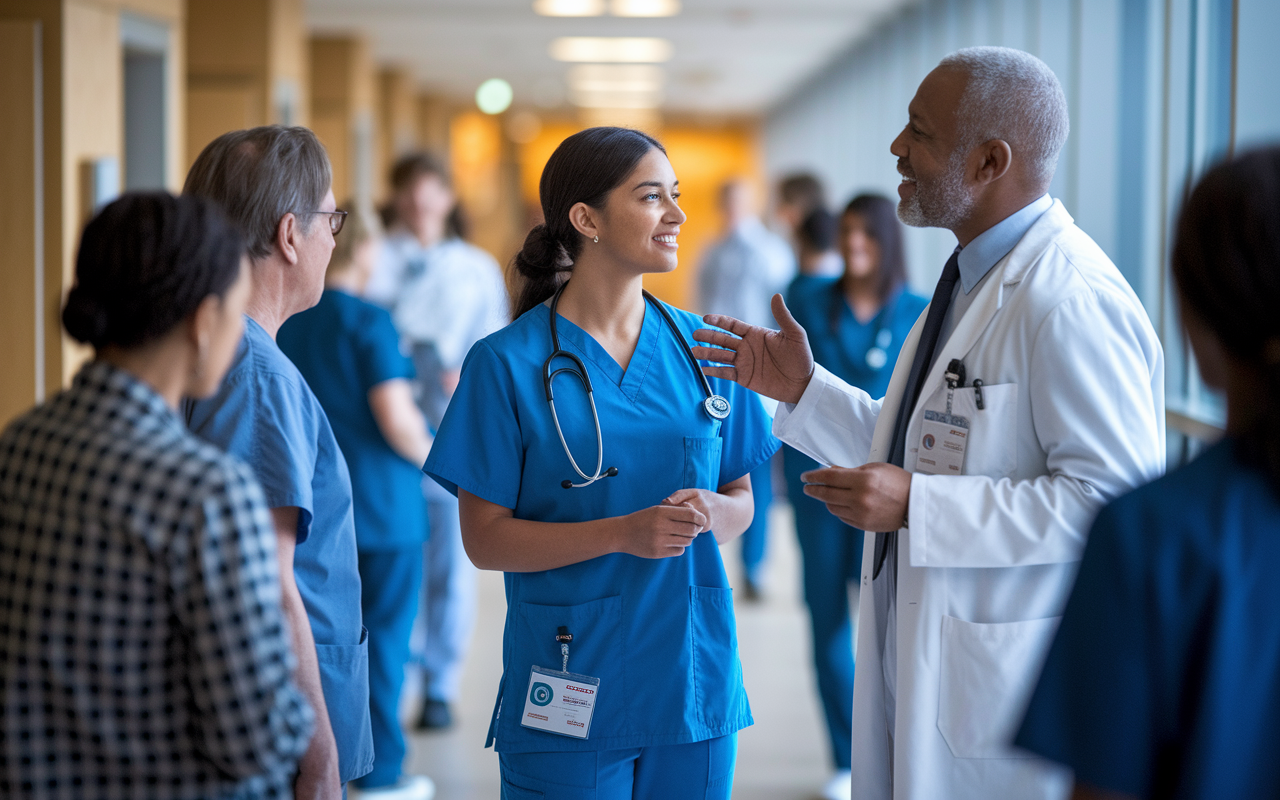 A medical student in scrubs conversing with a mentor in a hospital corridor, surrounded by patients and healthcare professionals. They are discussing strategies and experiences, embodying a dynamic learning environment with warm natural lighting creating a supportive atmosphere. The expressions convey mutual respect and dedication to excellence in patient care.