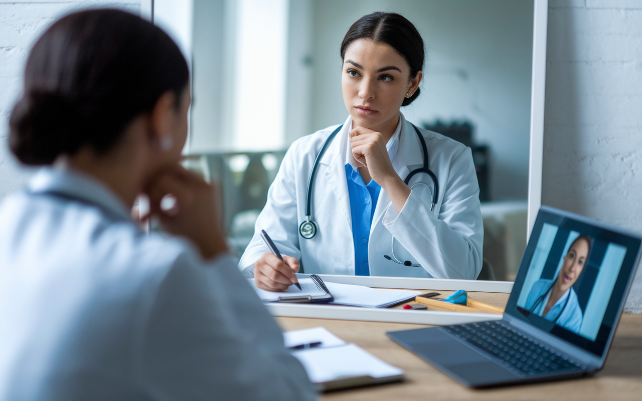 A medical student in professional attire practicing interview answers in front of a mirror, surrounded by notes and a laptop open with a video call screen, conveying determination and focus. Soft, natural lighting creates an atmosphere of quiet preparation, emphasizing the student's commitment to succeed.