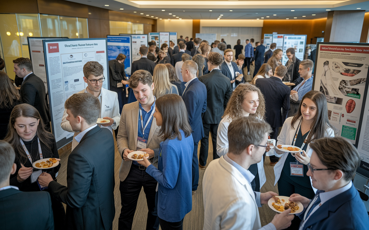 A lively networking event in a modern medical facility, with students and attending physicians mingling over refreshments. The room is decorated with posters showcasing medical research and innovations. Attendees are actively discussing, some exchanging business cards with smiles, while others are in deep conversation. The warm lighting creates a welcoming atmosphere, promoting connection and camaraderie among future healthcare providers.