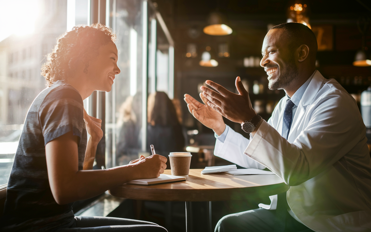 A heartfelt scene depicting a young medical student in a cozy coffee shop, sitting with an experienced physician mentor. The mentor, wearing a lab coat, is animatedly sharing advice, with both individuals engaged in a personal conversation. The warm ambiance is complemented by sunlight streaming through the windows, creating an intimate setting. The student takes notes, showing eagerness to learn, while the mentor gestures thoughtfully, embodying a supportive and encouraging relationship.