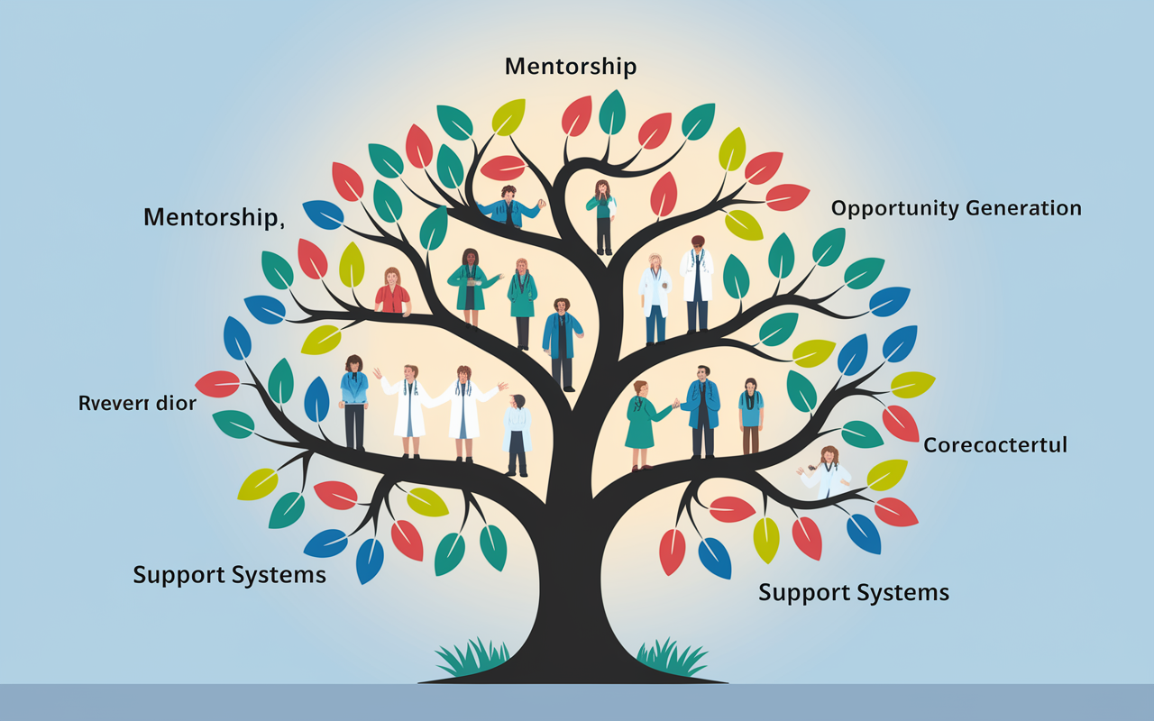 A visually striking graphic representation of networking in medicine. A tree symbolizing growth is depicted, with branches labeled with key networking concepts like ‘Mentorship,’ ‘Opportunity Generation,’ and ‘Support Systems.’ Colorful leaves representing diverse medical professionals and students exchanging ideas are interspersed, showcasing the interconnectedness of relationships. A soft glow around the tree symbolizes hope and potential for future careers.