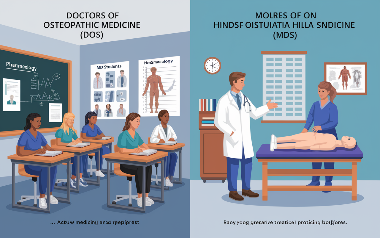 An educational split-scene diagram illustrating the training pathways of Doctors of Osteopathic Medicine (DOs) and Medical Doctors (MDs). On one side, show a modern classroom setting for MD students studying pharmacology, with textbooks and clinical charts visible. On the other side, depict a holistic medicine classroom for DO students, featuring hands-on Osteopathic Manipulative Treatment (OMT) practice with a mannequin. The setting should be bright and engaging, with students actively participating, showcasing the distinct methodologies yet similar dedication to healthcare. Creative infographic style with clear labels.