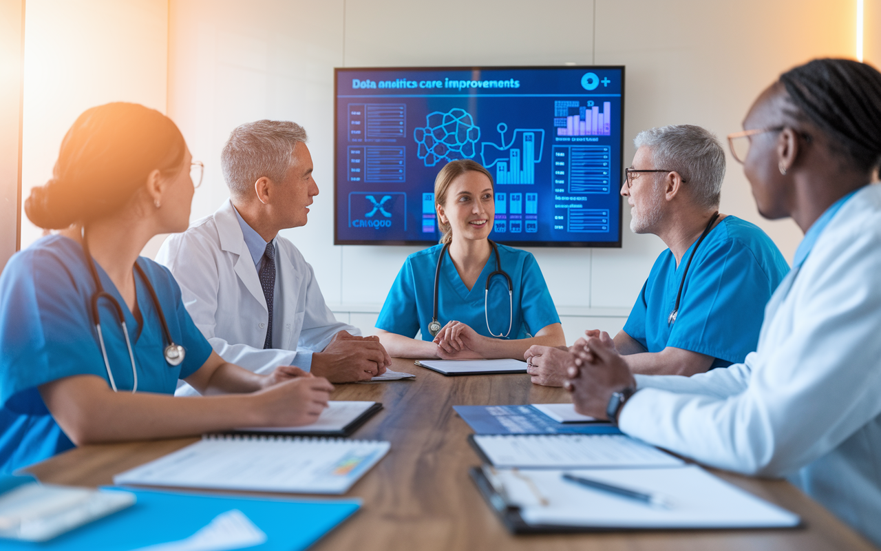 A vibrant multidisciplinary healthcare team meeting in a bright conference room. Include a focused young female DO discussing patient-centered strategies with a seasoned male MD, while a nurse practitioner and a mental health counselor listen attentively. A digital screen in the background displays data analytics for patient care improvements. The atmosphere is energetic and collaborative, with medical charts and technology scattered around the table, signifying a future-oriented approach to healthcare. Warm lighting enhances the sense of teamwork and innovation.