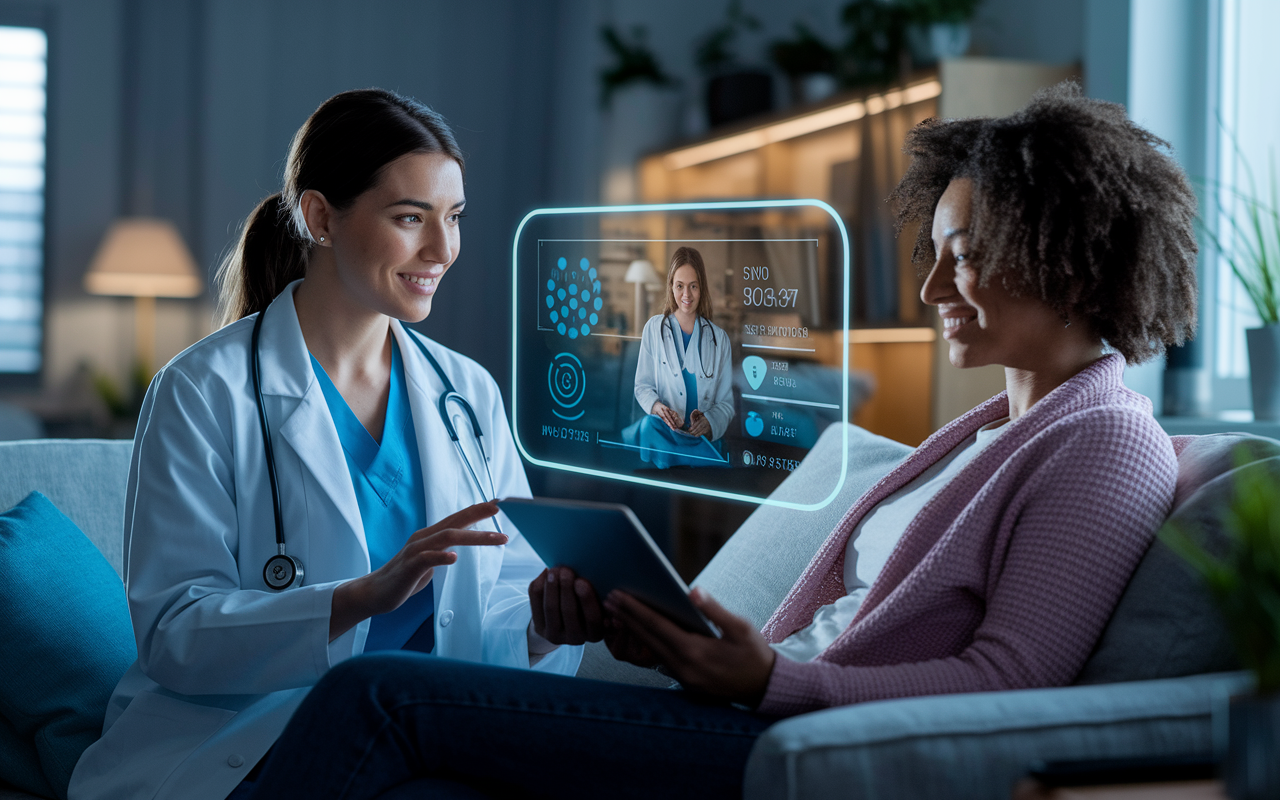 A futuristic telehealth consultation scene showing a young female DO conversing with a patient via a high-tech screen in a cozy home setting. The patient appears relaxed, engaging with the doctor through a tablet while a variety of health monitoring devices are visible in the background. The atmosphere is friendly and supportive, with soft lighting creating a warm feel. Emphasize the intersection of technology, medicine, and personal care, showcasing the potential for enhanced accessibility and patient engagement in modern healthcare.